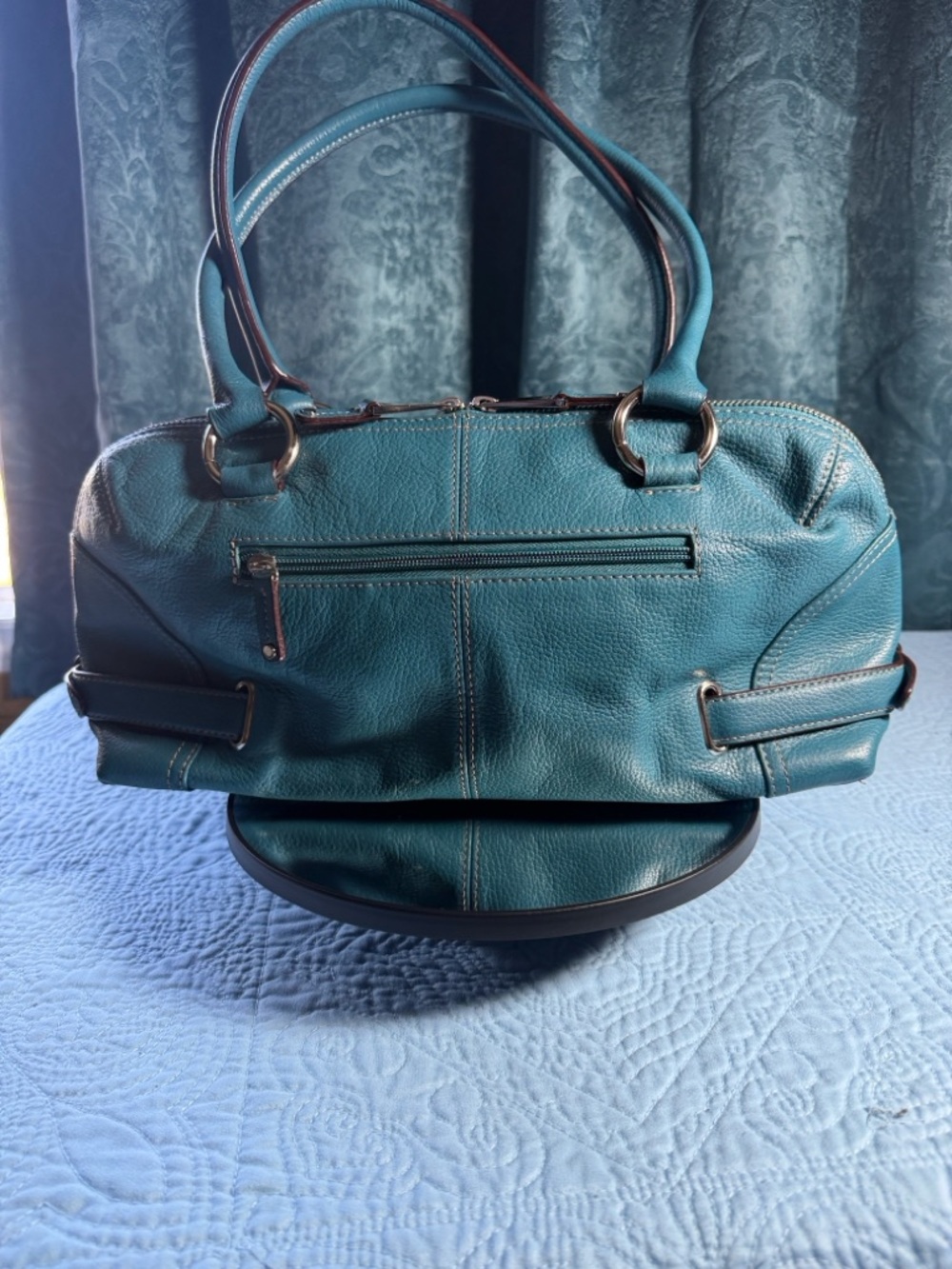 Teal Leather Satchel Handbag 14x8 - Picture 2 of 9